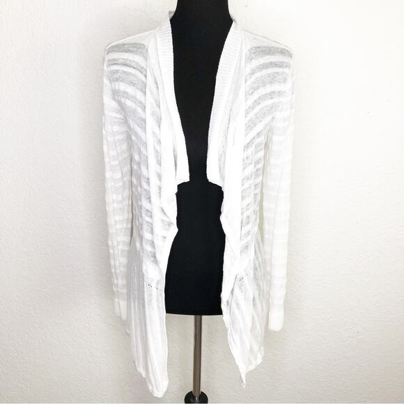 White + Warren white striped open front linen blend cardigan size Medium - Picture 1 of 16